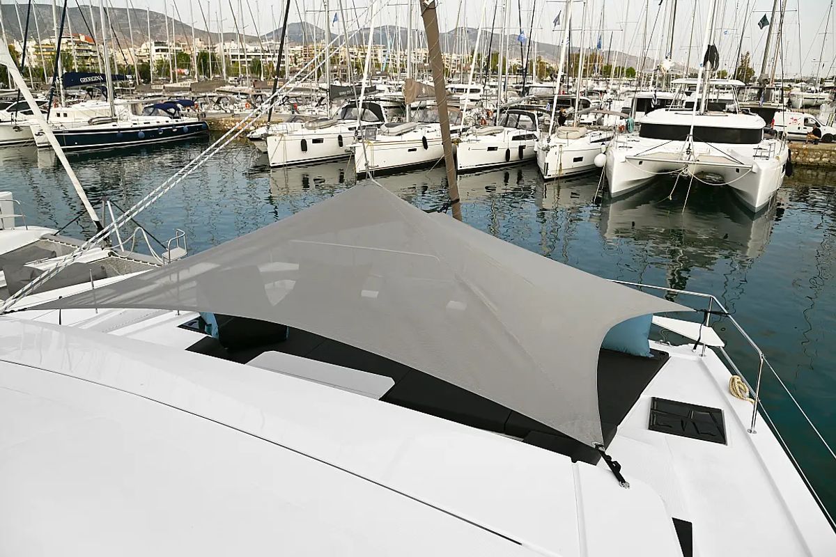 Deck of E. M, a Bali 4.6 catamaran at Athens, Greece