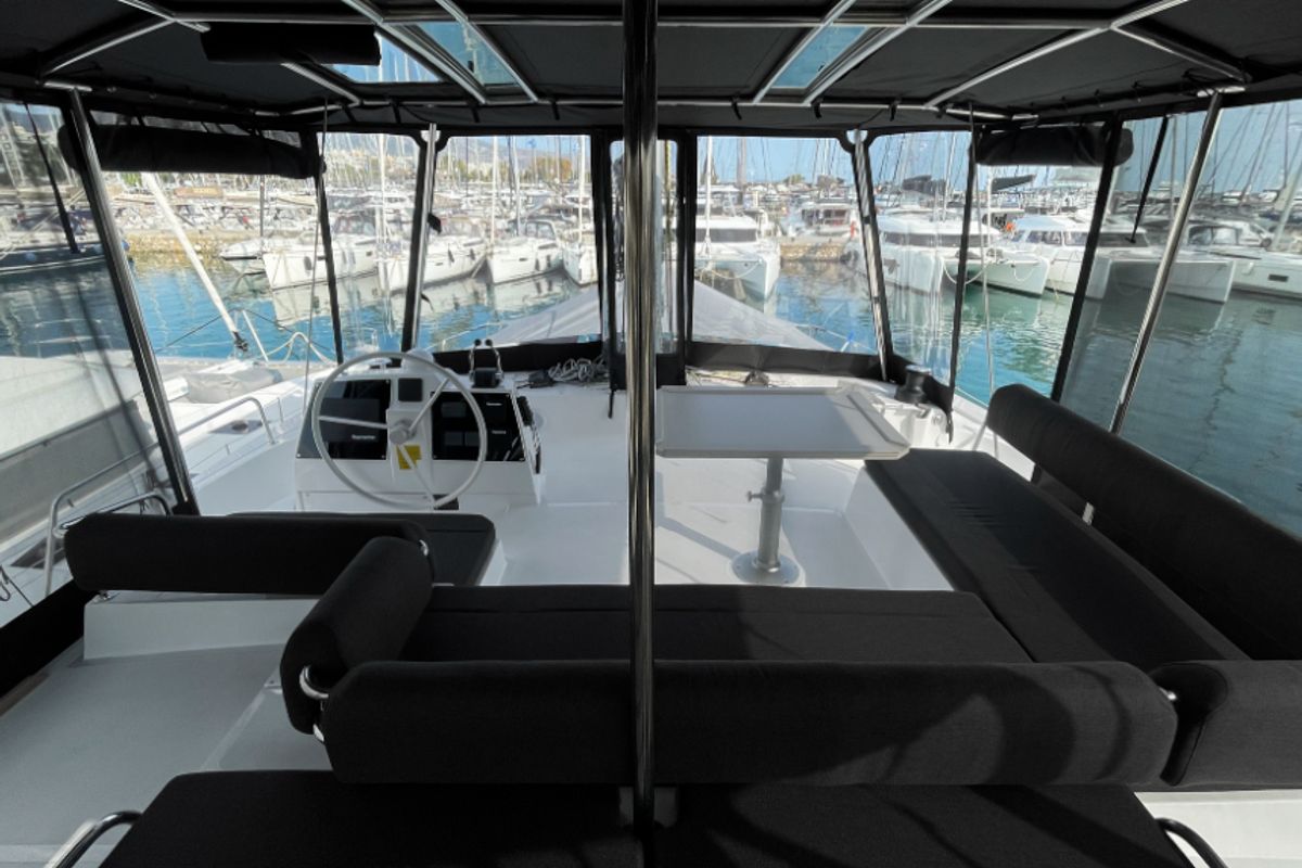Salon of E. M, a Bali 4.6 catamaran at Athens, Greece