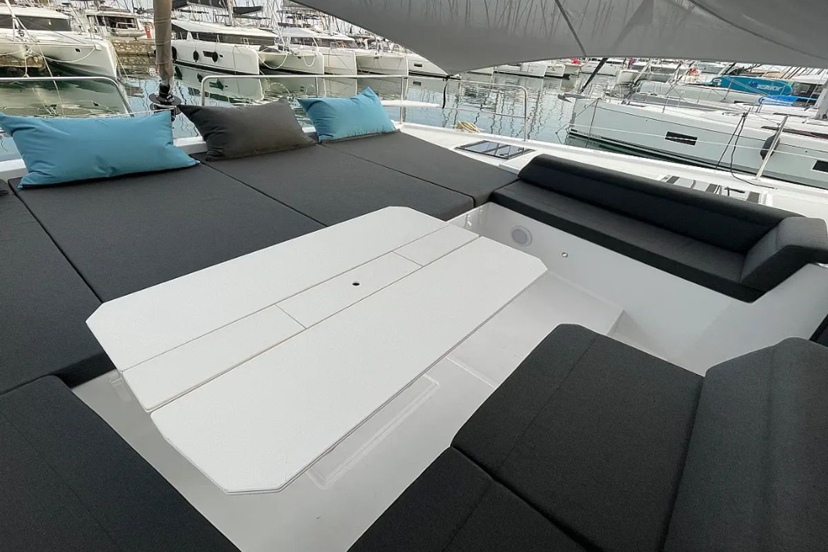 Deck of E. M, a Bali 4.6 catamaran at Athens, Greece