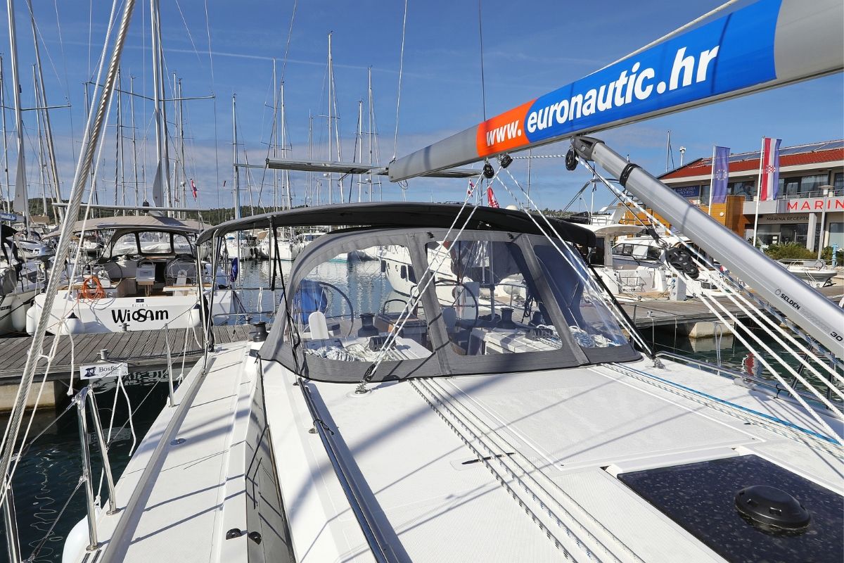 Deck of Summertime, a Bavaria C42 sailboat at Pirovac, Croatia