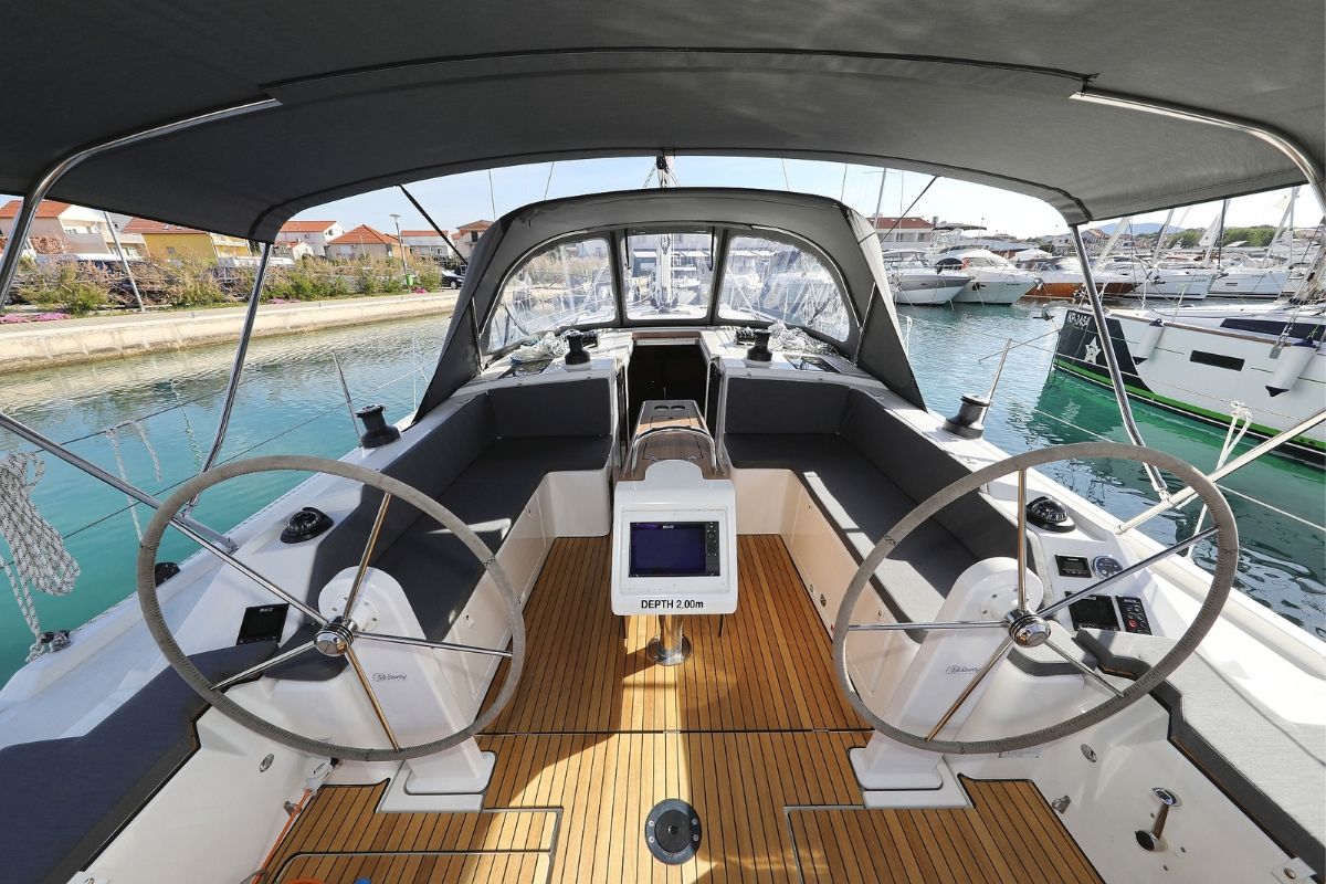 Cockpit of Summertime, a Bavaria C42 sailboat at Pirovac, Croatia