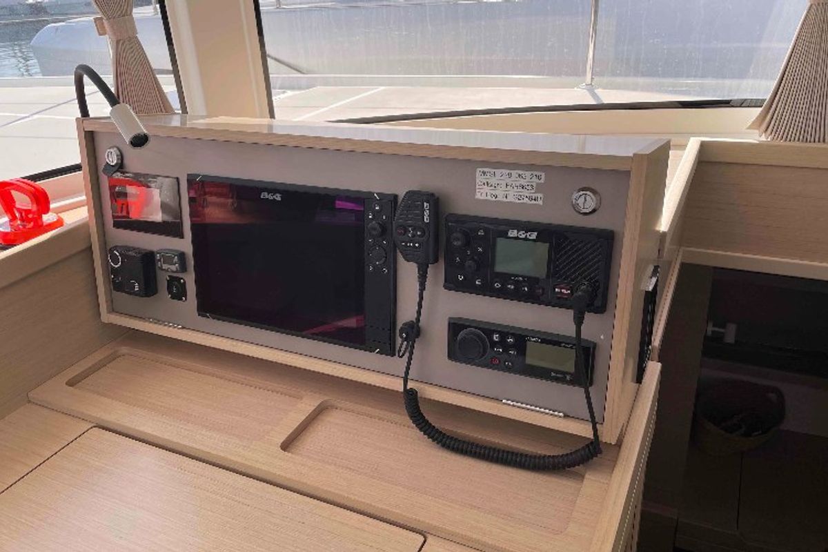 Cockpit of Aventura, a Lagoon 42 OW catamaran at Ventimiglia, Italy