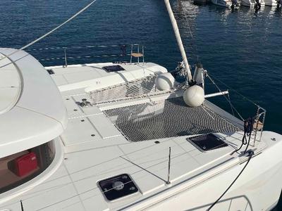 Deck of Aventura, a Lagoon 42 OW catamaran at Ventimiglia, Italy