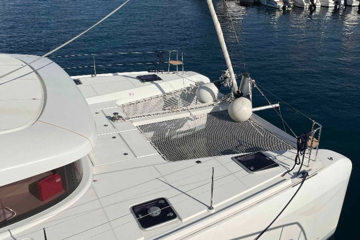 Deck of Aventura, a Lagoon 42 OW catamaran at Ventimiglia, Italy