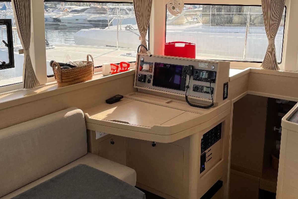 Cockpit of Aventura, a Lagoon 42 OW catamaran at Ventimiglia, Italy