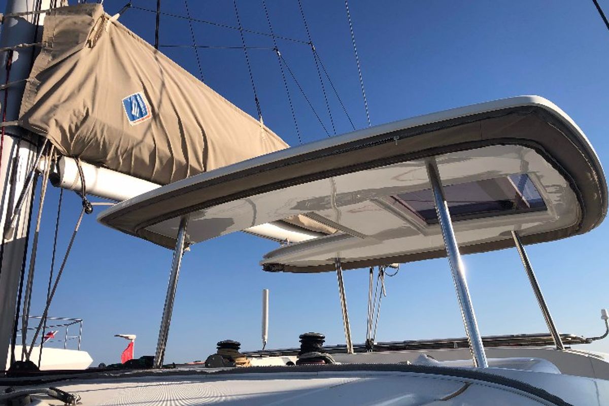 Deck of Aventura, a Lagoon 42 OW catamaran at Ventimiglia, Italy