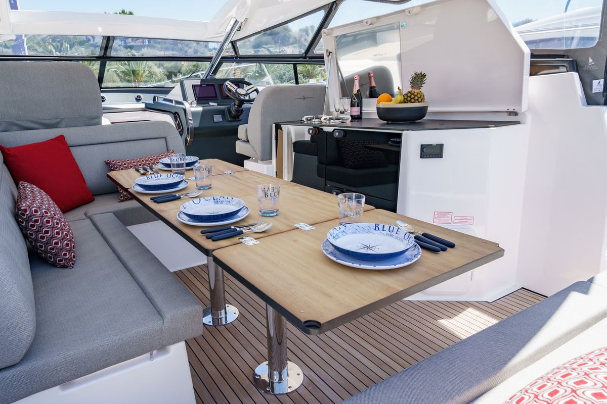 Deck of Ostwind, a Bavaria SR36 Open Top yacht at Cala Egos, Spain