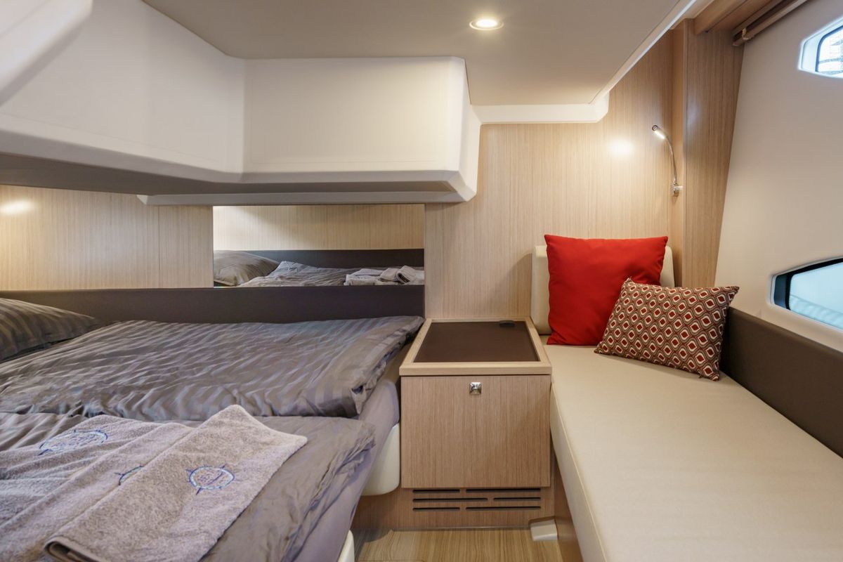 Cabin on Ostwind, a Bavaria SR36 Open Top yacht at Cala Egos, Spain