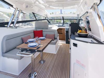 Deck of Ostwind, a Bavaria SR36 Open Top yacht at Cala Egos, Spain