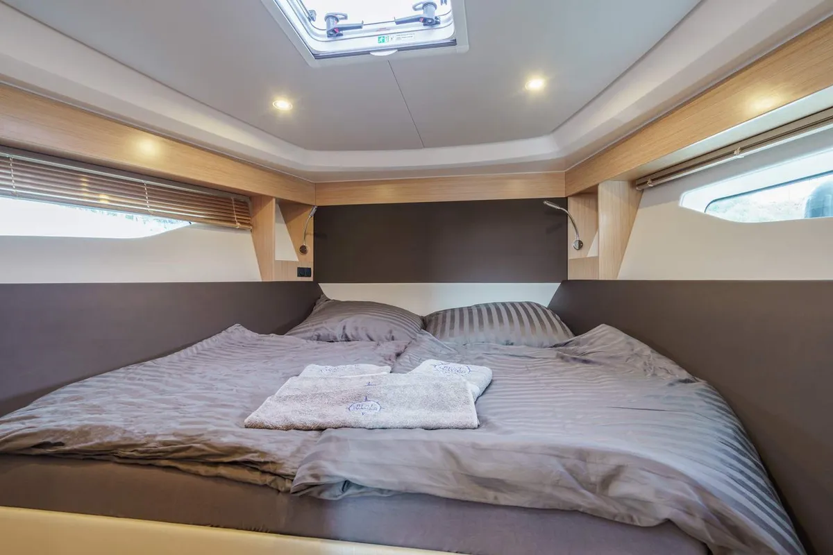 Cabin on Ostwind, a Bavaria SR36 Open Top yacht at Cala Egos, Spain