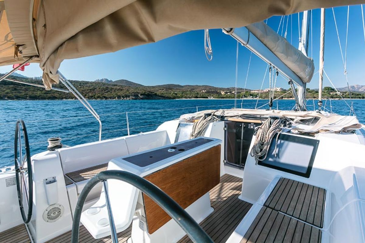 Cockpit of Gavi, a Dufour 412 Grand large sailboat at Olbia, Italy