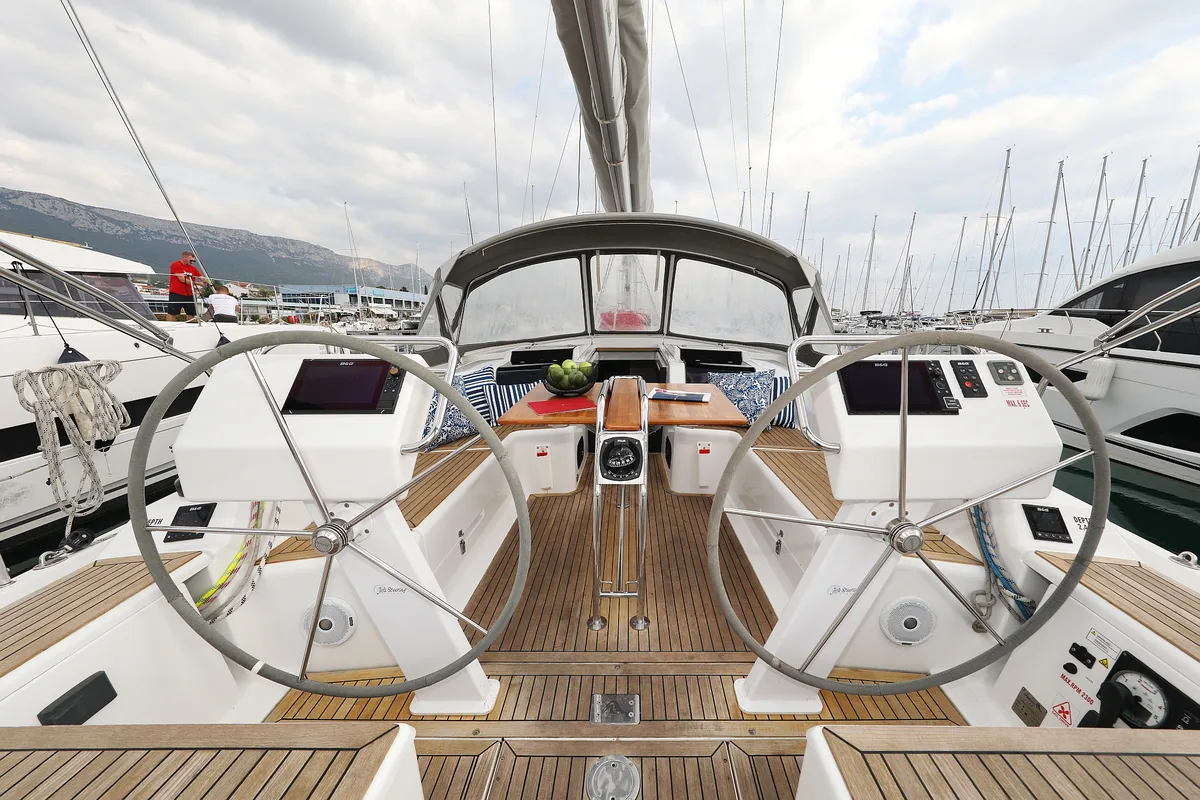Cockpit of Bare Necessities, a Hanse Yachts Hanse 455 sailboat at Grad Kaštela, Croatia
