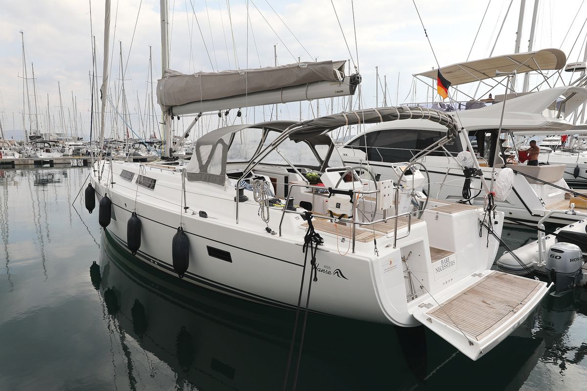 Exterior view of Bare Necessities, a Hanse Yachts Hanse 455 sailboat at Grad Kaštela, Croatia