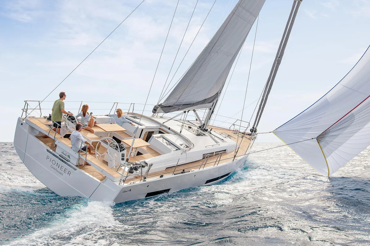 Exterior view of Alma, a Hanse Yachts Hanse 510 sailboat at Seget Donji, Croatia