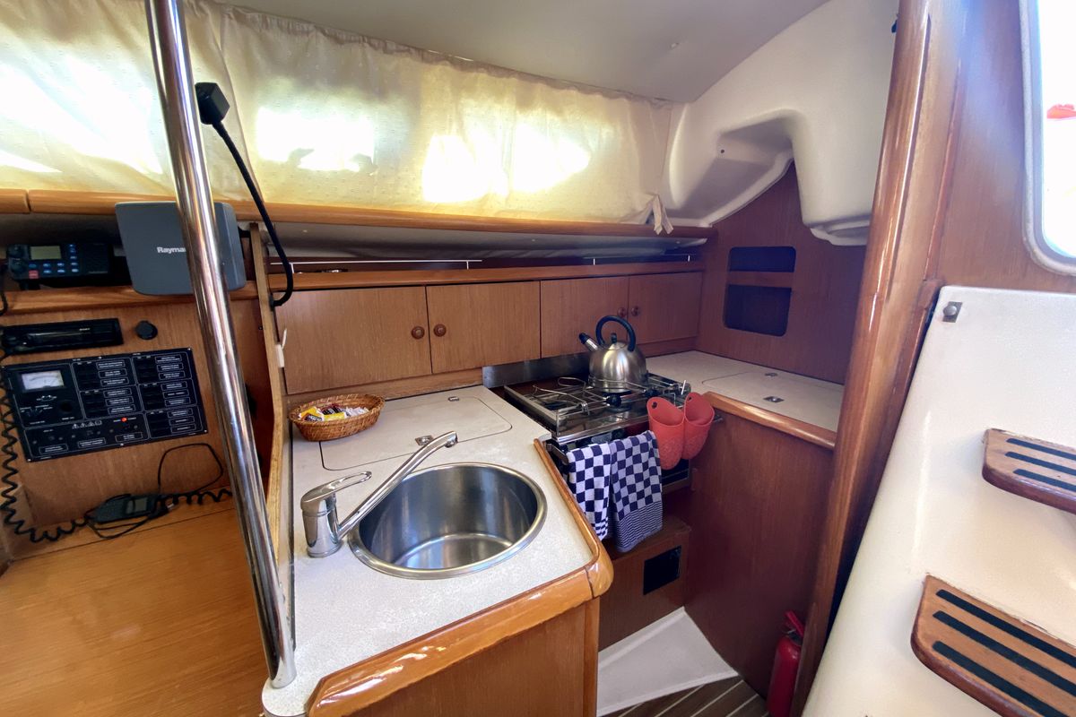 Galley of Zarif, a Jeanneau Sun Odyssey 32 sailboat at Fethiye, Turkey