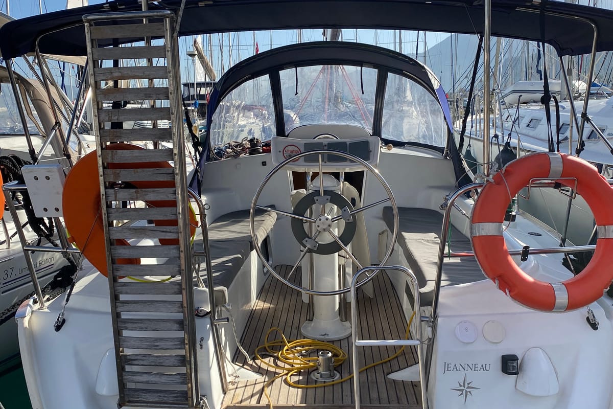 Cockpit of Zarif, a Jeanneau Sun Odyssey 32 sailboat at Fethiye, Turkey