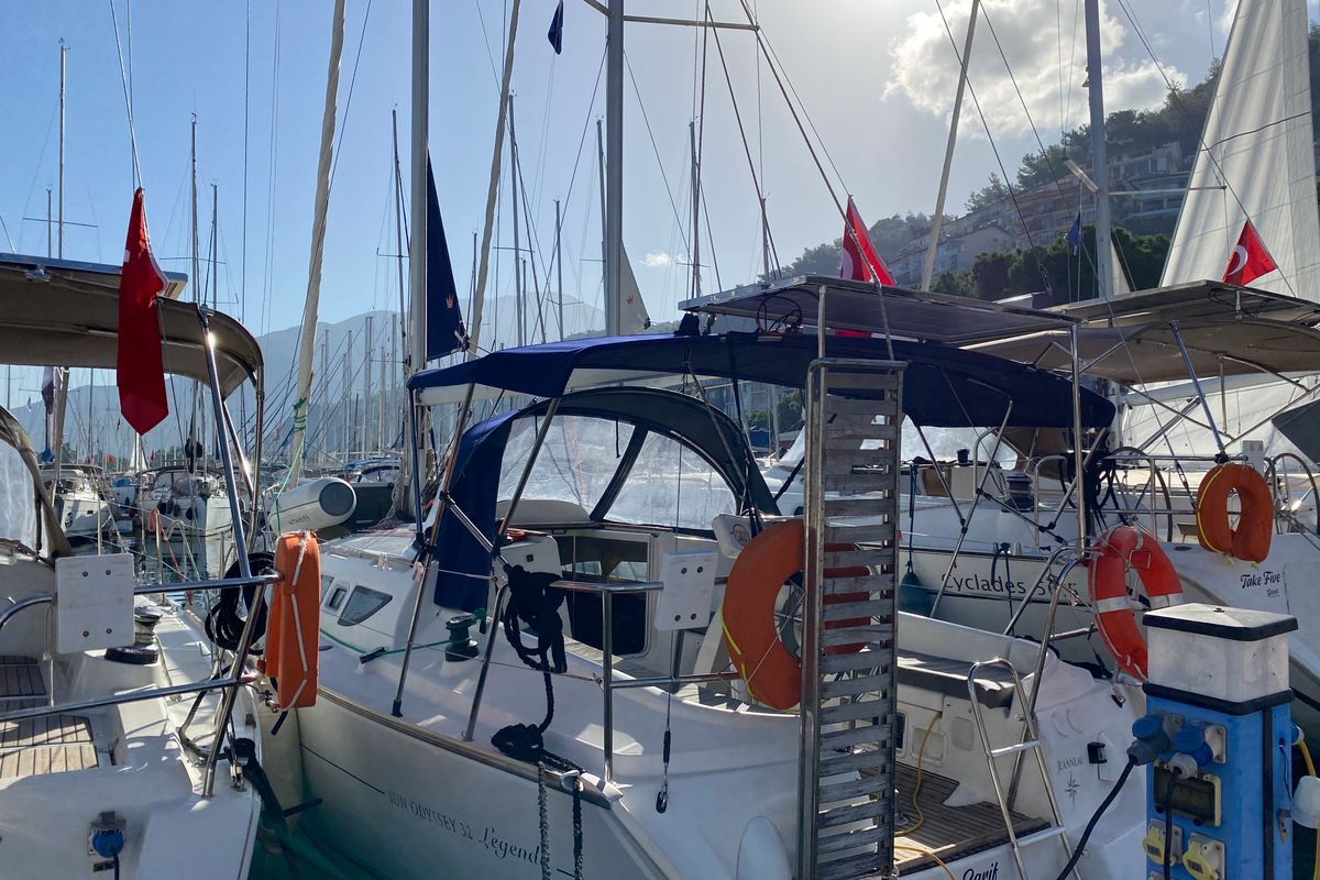 Exterior view of Zarif, a Jeanneau Sun Odyssey 32 sailboat at Fethiye, Turkey
