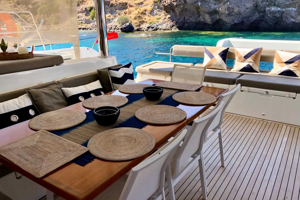 Deck of Camaron, a Lagoon 620 catamaran at Bodrum, Turkey