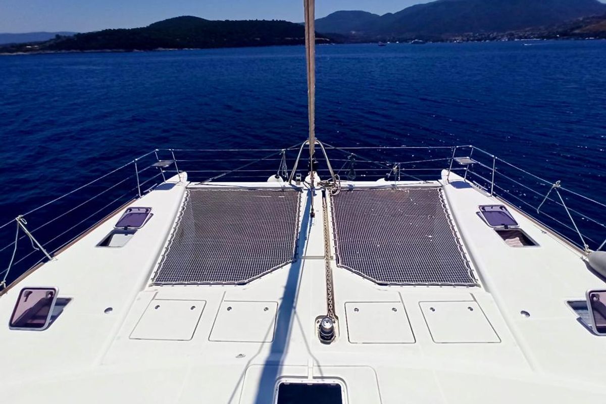 Deck of Camaron, a Lagoon 620 catamaran at Bodrum, Turkey