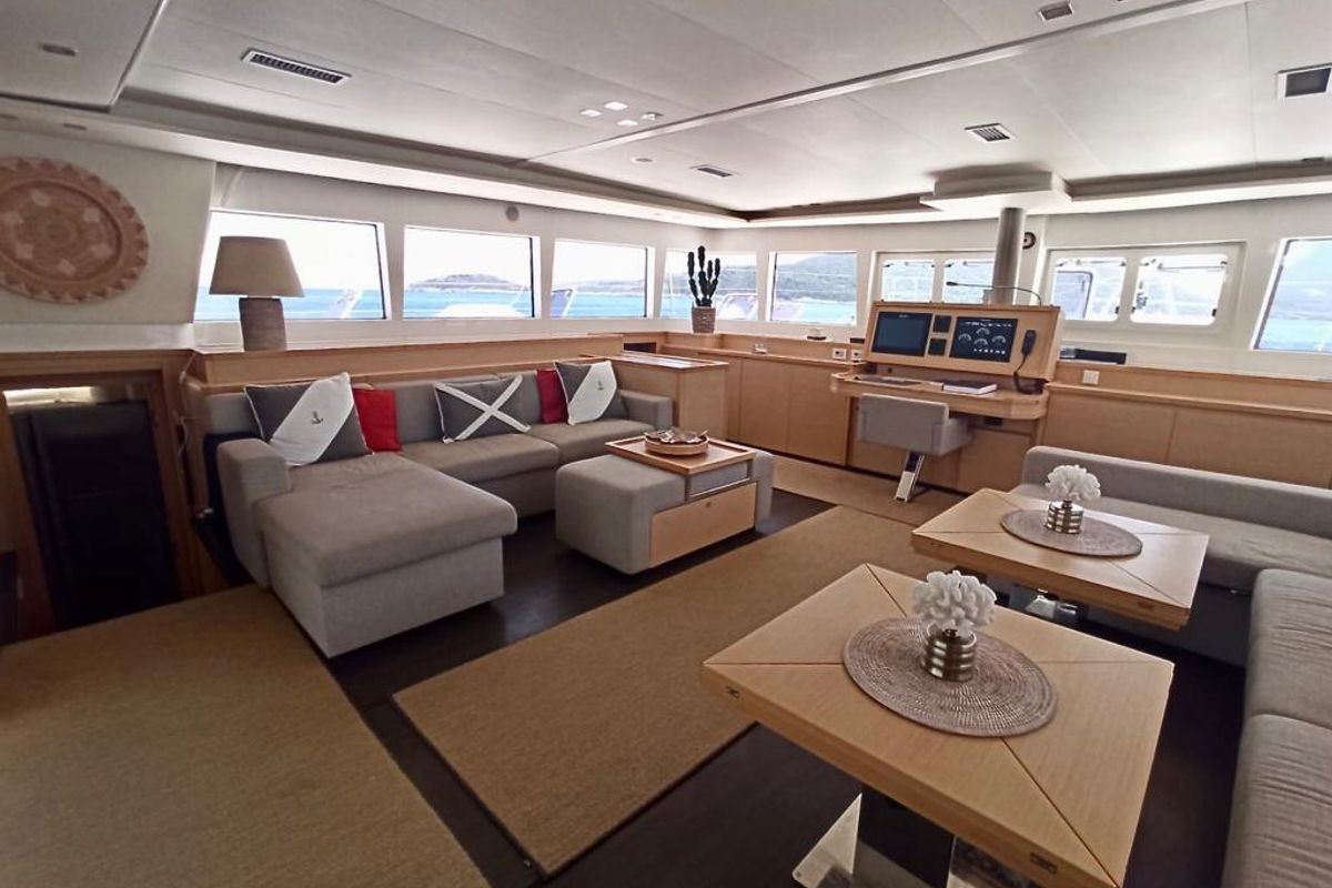 Salon of Camaron, a Lagoon 620 catamaran at Bodrum, Turkey