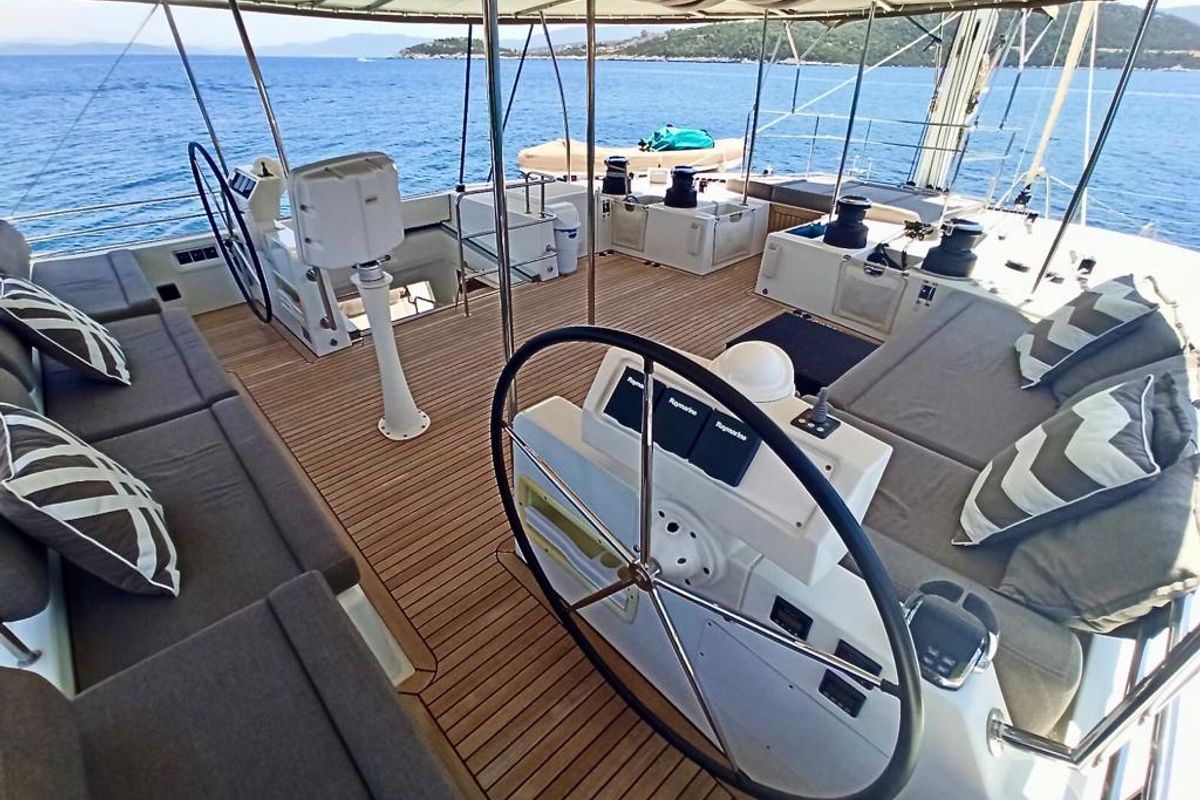Cockpit of Camaron, a Lagoon 620 catamaran at Bodrum, Turkey