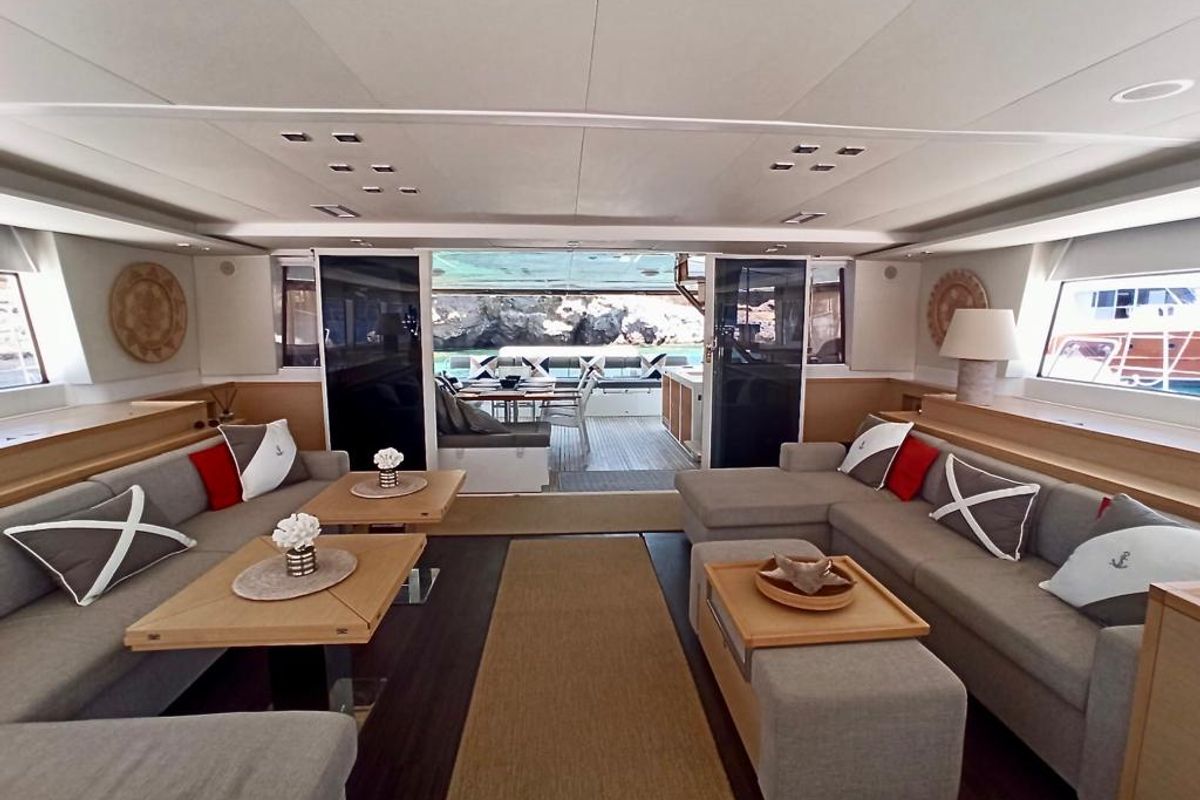 Salon of Camaron, a Lagoon 620 catamaran at Bodrum, Turkey