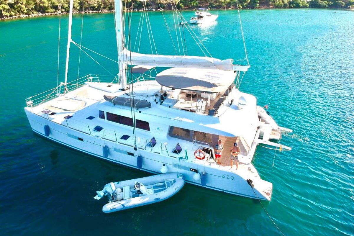 Exterior view of Camaron, a Lagoon 620 catamaran at Bodrum, Turkey