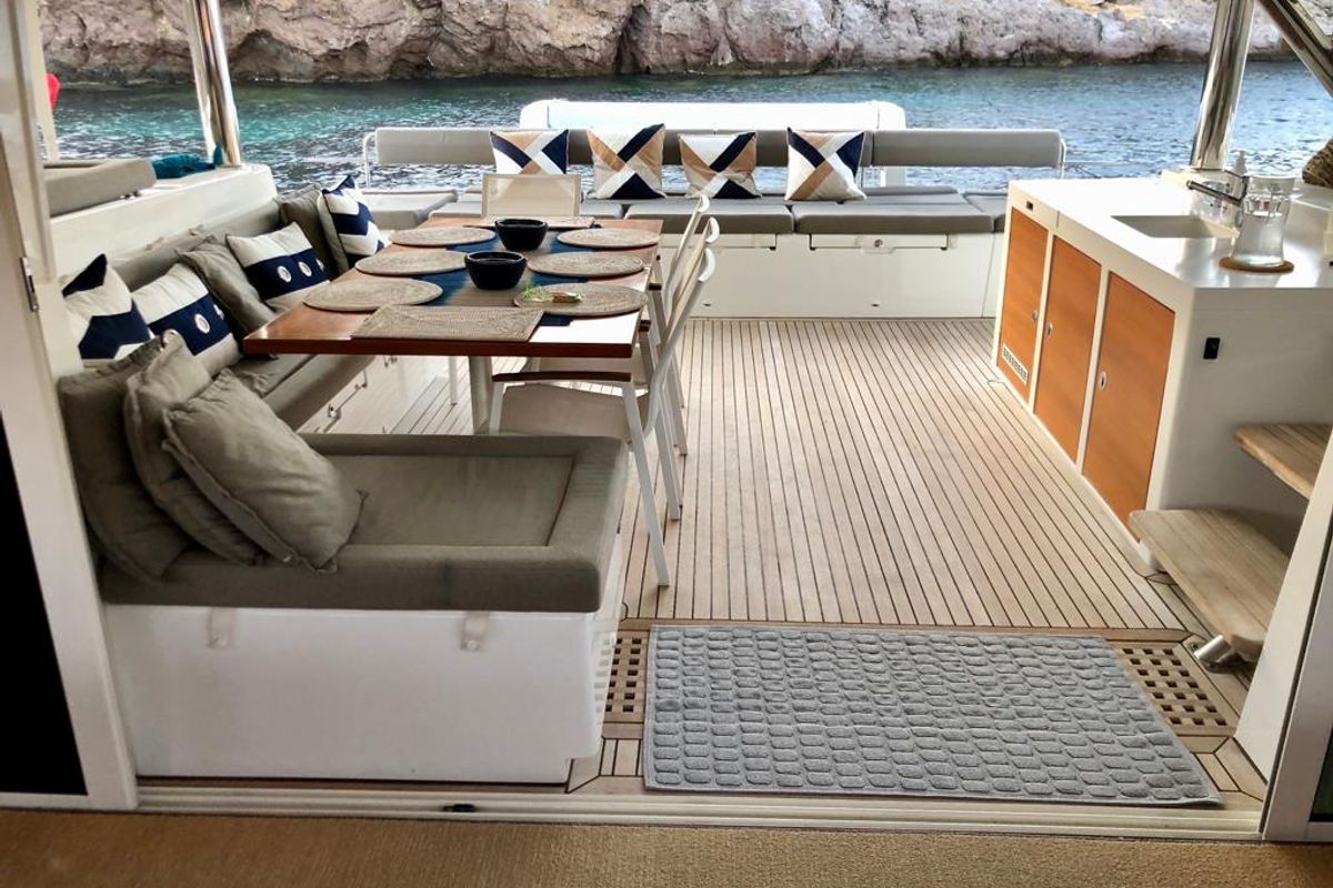 Deck of Camaron, a Lagoon 620 catamaran at Bodrum, Turkey