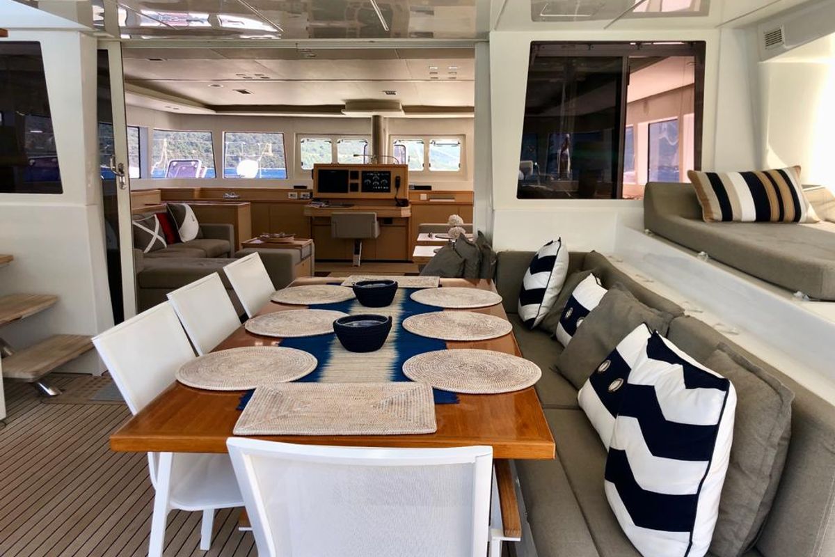 Deck of Camaron, a Lagoon 620 catamaran at Bodrum, Turkey