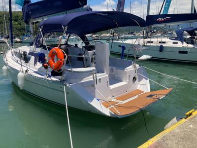 Cockpit of Damis Jolie, a Delta 365 sailboat at Paraty, Brazil