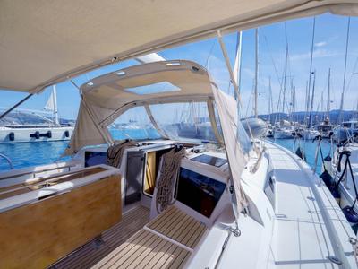 Deck of Blue Dream, a Dufour 390 sailboat at Municipal Unit of Lefkada, Greece