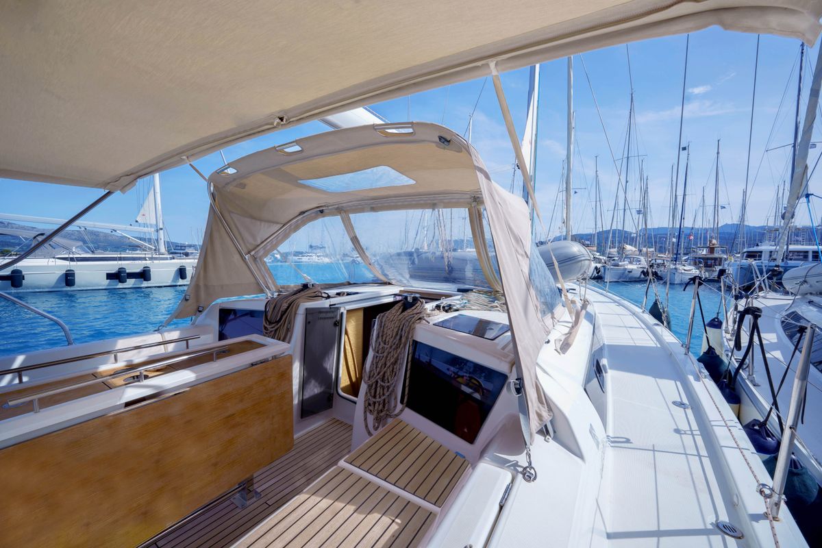 Deck of Blue Dream, a Dufour 390 sailboat at Municipal Unit of Lefkada, Greece