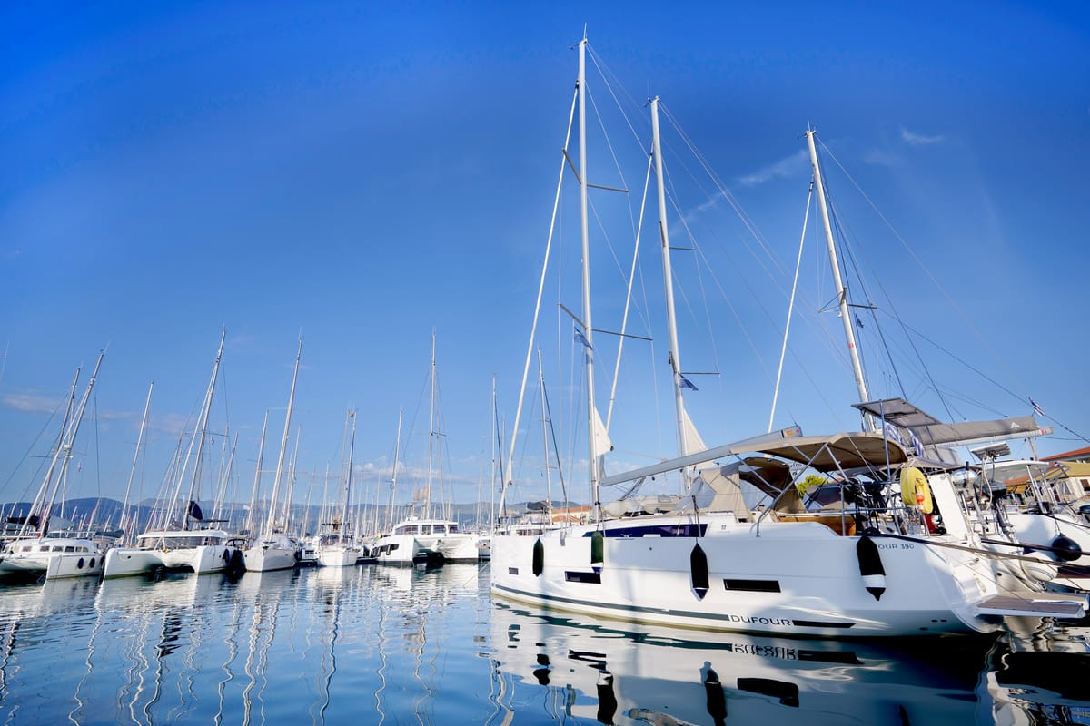 Exterior view of Blue Dream, a Dufour 390 sailboat at Municipal Unit of Lefkada, Greece