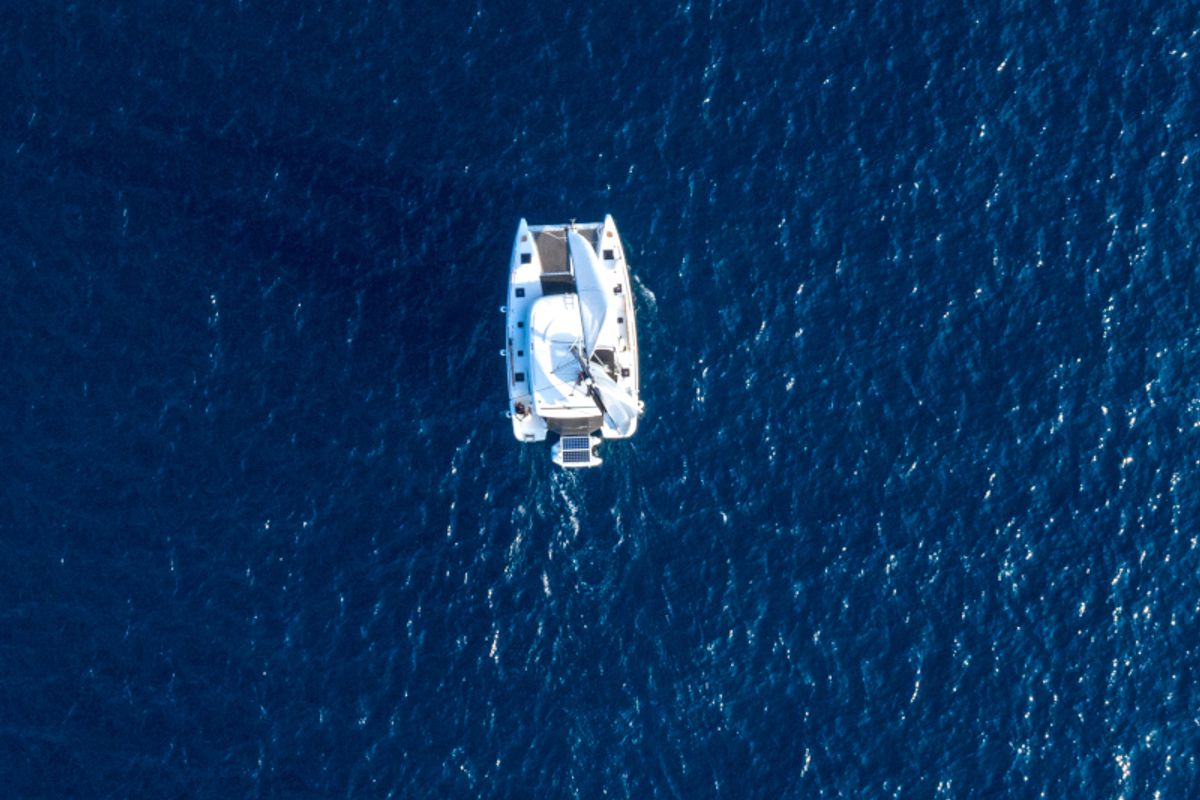 Exterior view of Il Vento, a Lagoon 40 catamaran at Gouvia, Greece