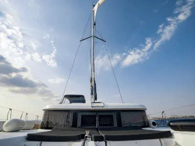 Deck of Il Vento, a Lagoon 40 catamaran at Gouvia, Greece