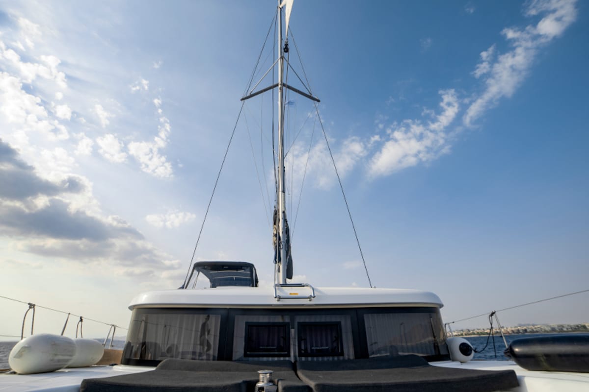 Deck of Il Vento, a Lagoon 40 catamaran at Gouvia, Greece