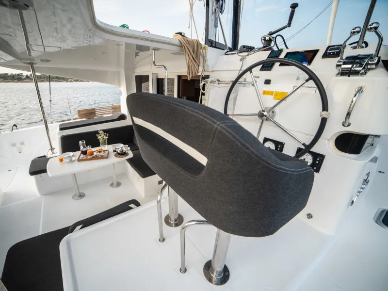 Cockpit of Il Vento, a Lagoon 40 catamaran at Gouvia, Greece
