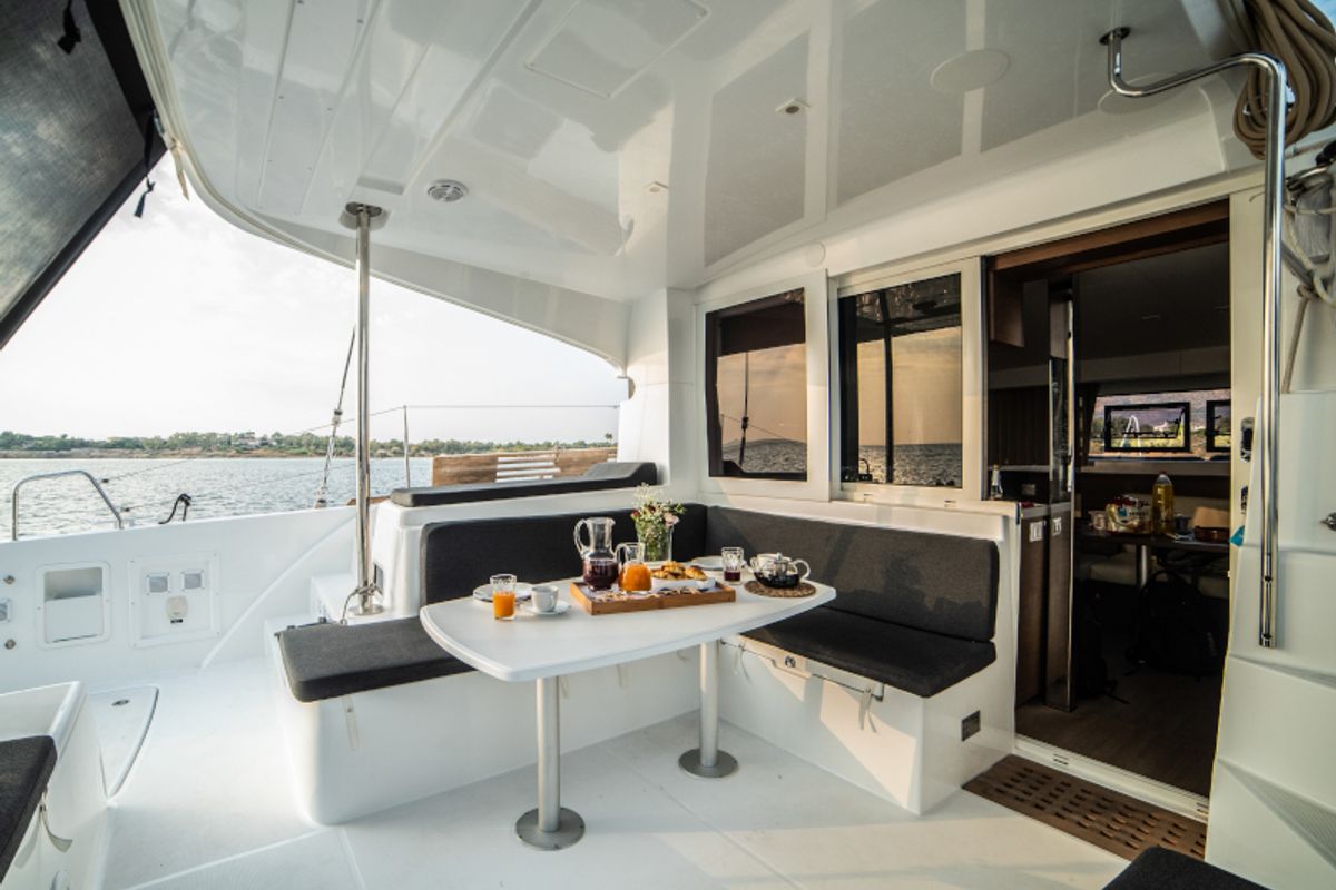 Deck of Il Vento, a Lagoon 40 catamaran at Gouvia, Greece