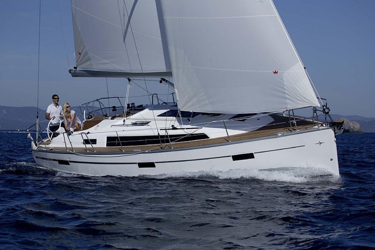 Exterior view of Sayra, a Bavaria Cruiser 37 sailboat at Murter, Croatia