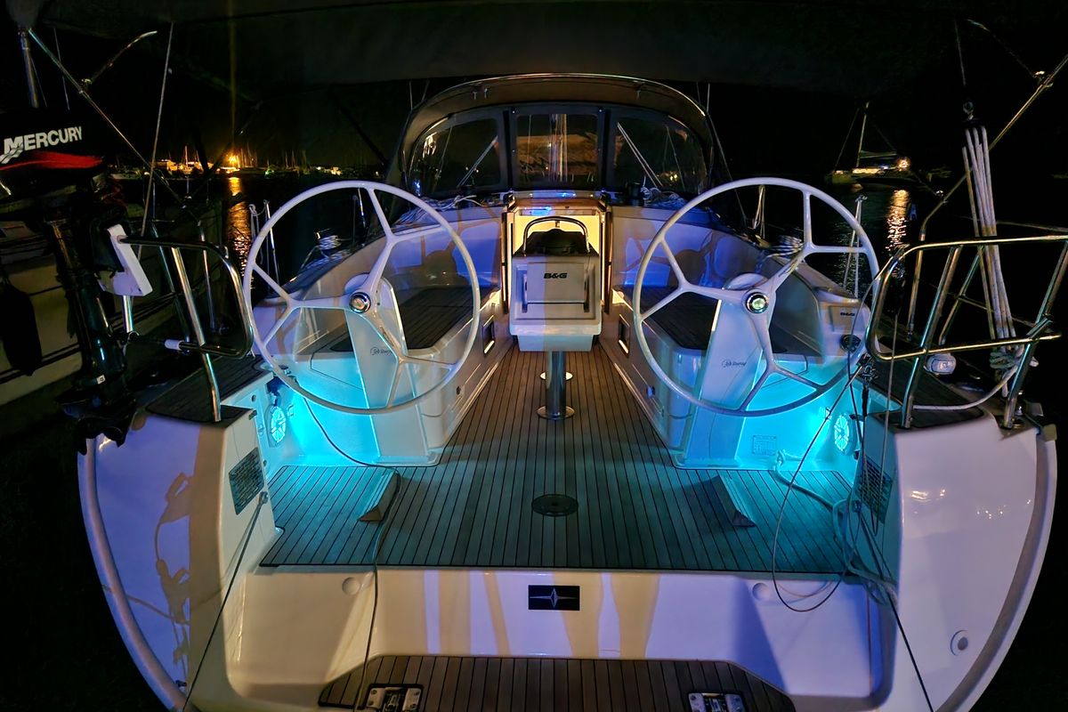 Cockpit of Sayra, a Bavaria Cruiser 37 sailboat at Murter, Croatia