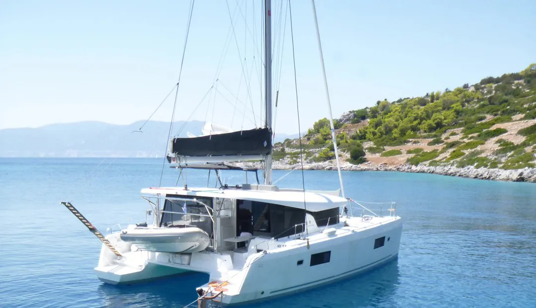 Exterior view of Alexandros, a Lagoon 42 catamaran at Athens, Greece
