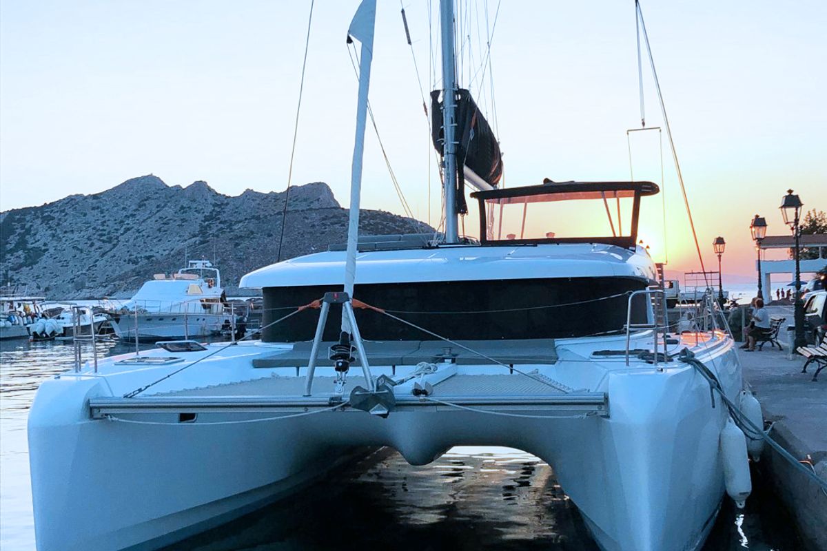 Exterior view of Alexandros, a Lagoon 42 catamaran at Athens, Greece