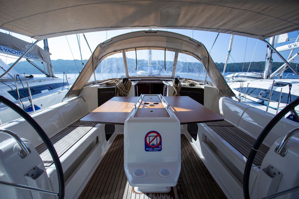 Cockpit of Skyra, a Dufour 412 GL sailboat at Grad Pula, Croatia