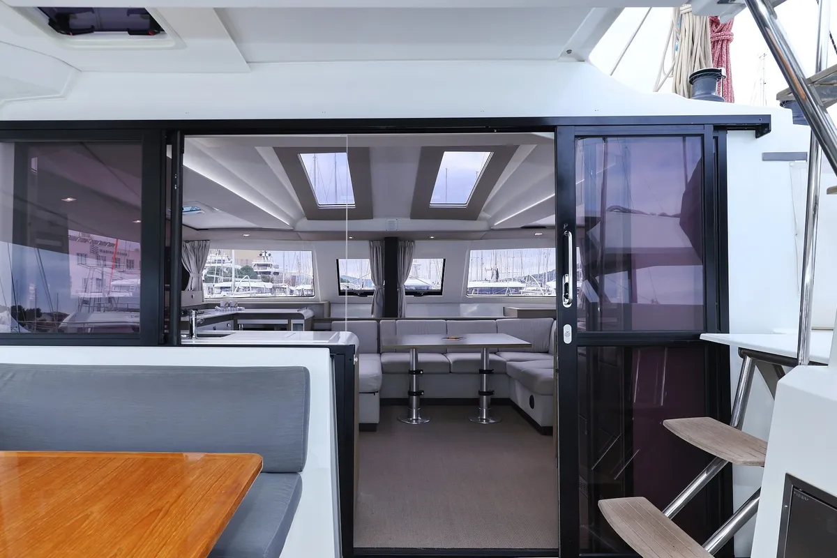 Salon of Sun Office, a Fountaine Pajot Elba 45 catamaran at Grad Trogir, Croatia