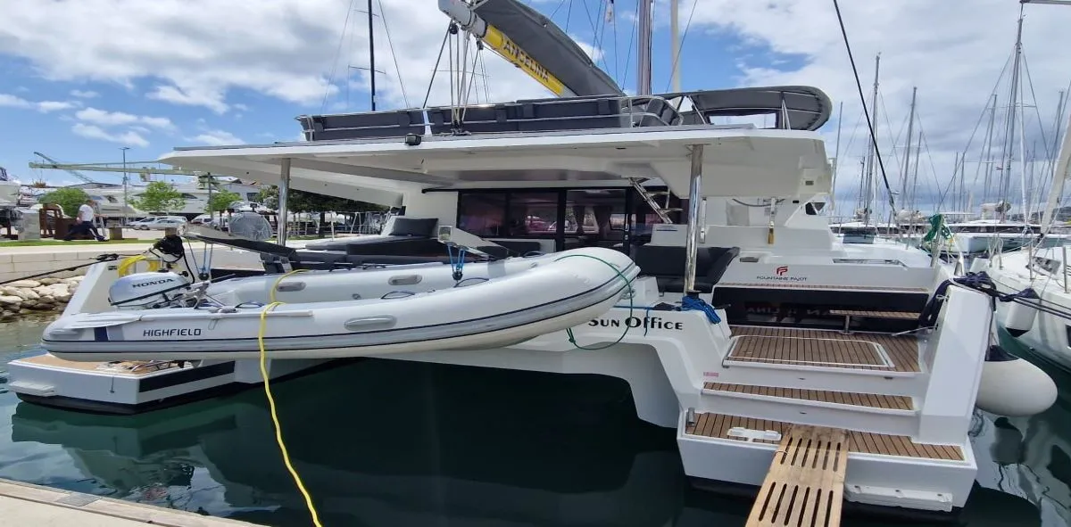 Exterior view of Sun Office, a Fountaine Pajot Elba 45 catamaran at Grad Trogir, Croatia