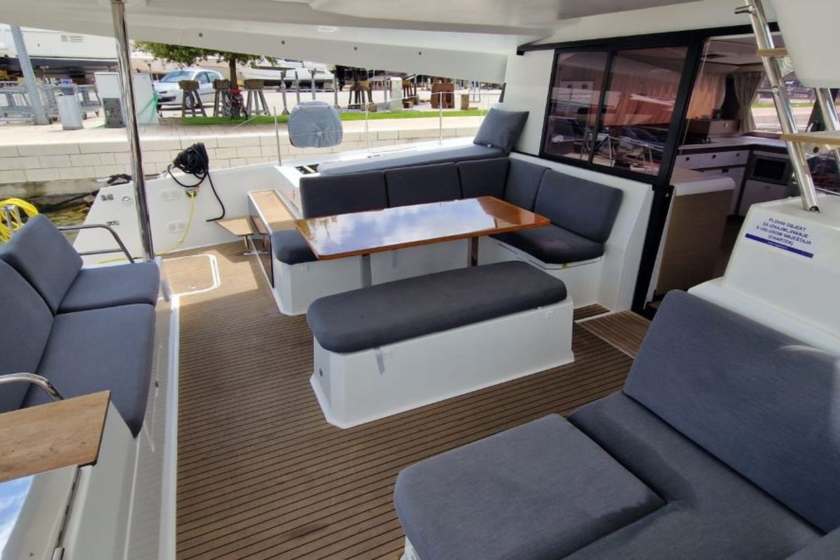 Deck of Sun Office, a Fountaine Pajot Elba 45 catamaran at Grad Trogir, Croatia