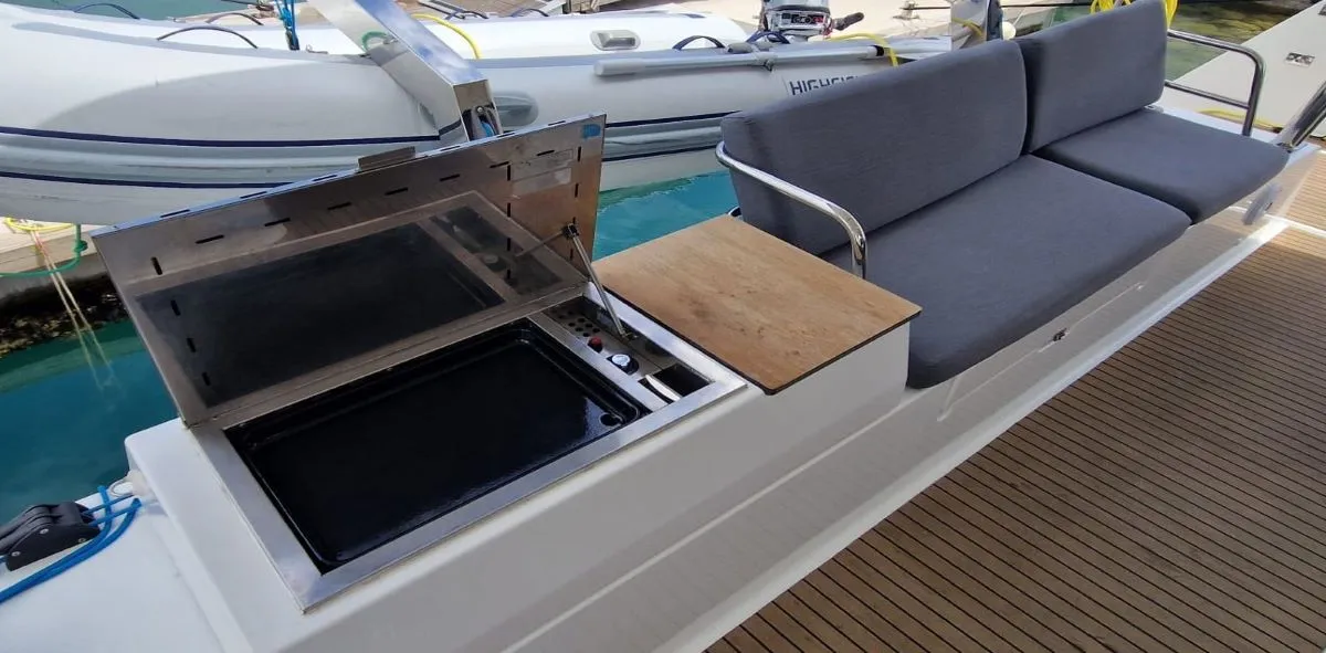 Deck of Sun Office, a Fountaine Pajot Elba 45 catamaran at Grad Trogir, Croatia