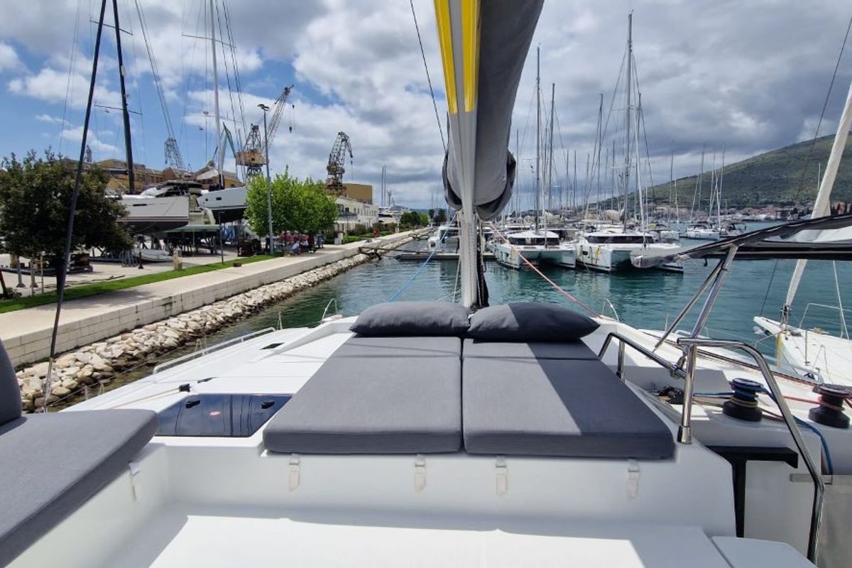Deck of Sun Office, a Fountaine Pajot Elba 45 catamaran at Grad Trogir, Croatia