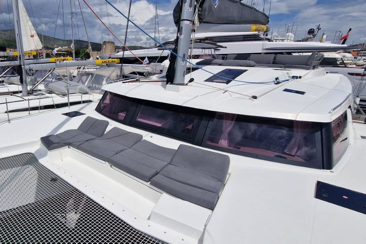 Deck of Sun Office, a Fountaine Pajot Elba 45 catamaran at Grad Trogir, Croatia