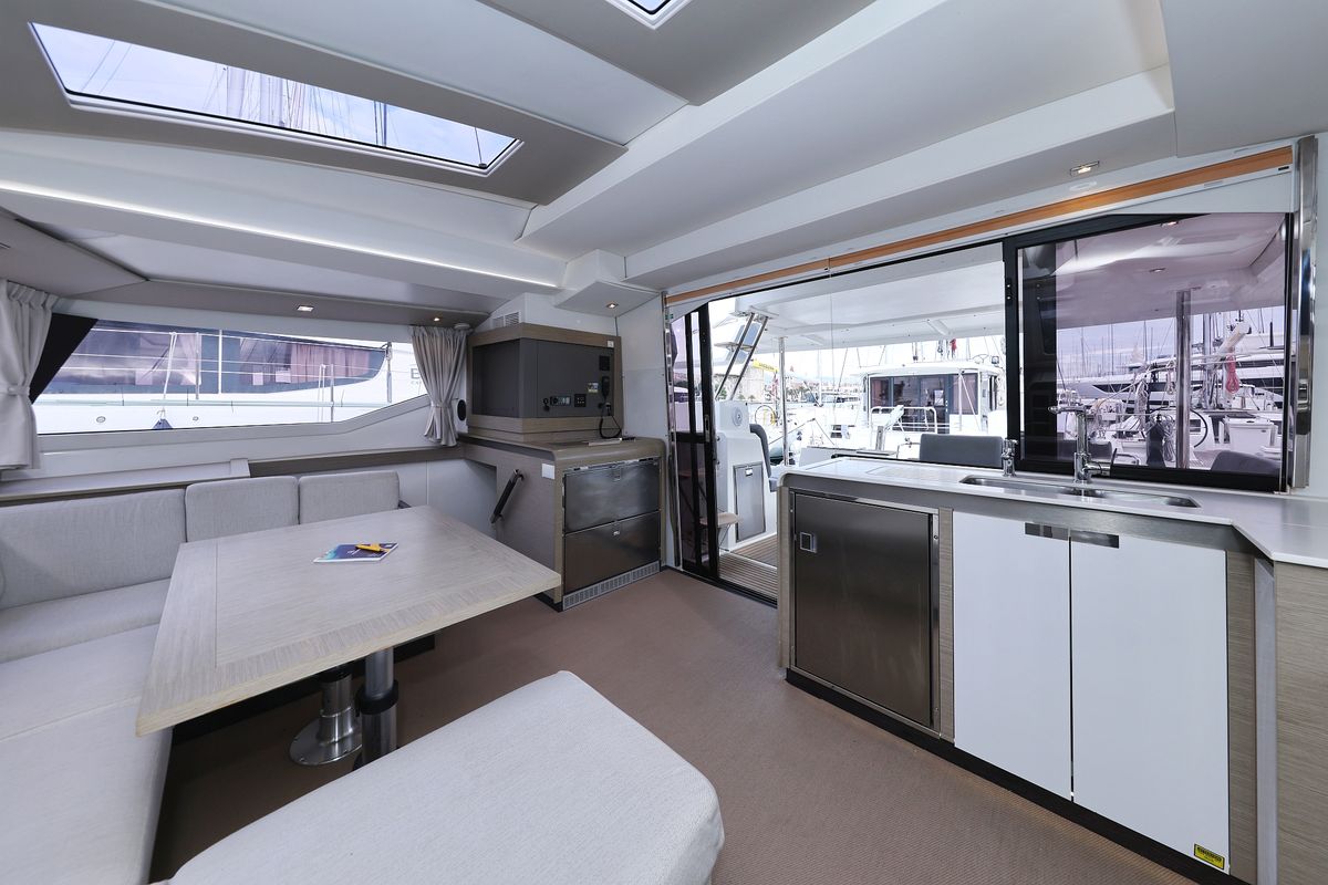 Salon of Sun Office, a Fountaine Pajot Elba 45 catamaran at Grad Trogir, Croatia